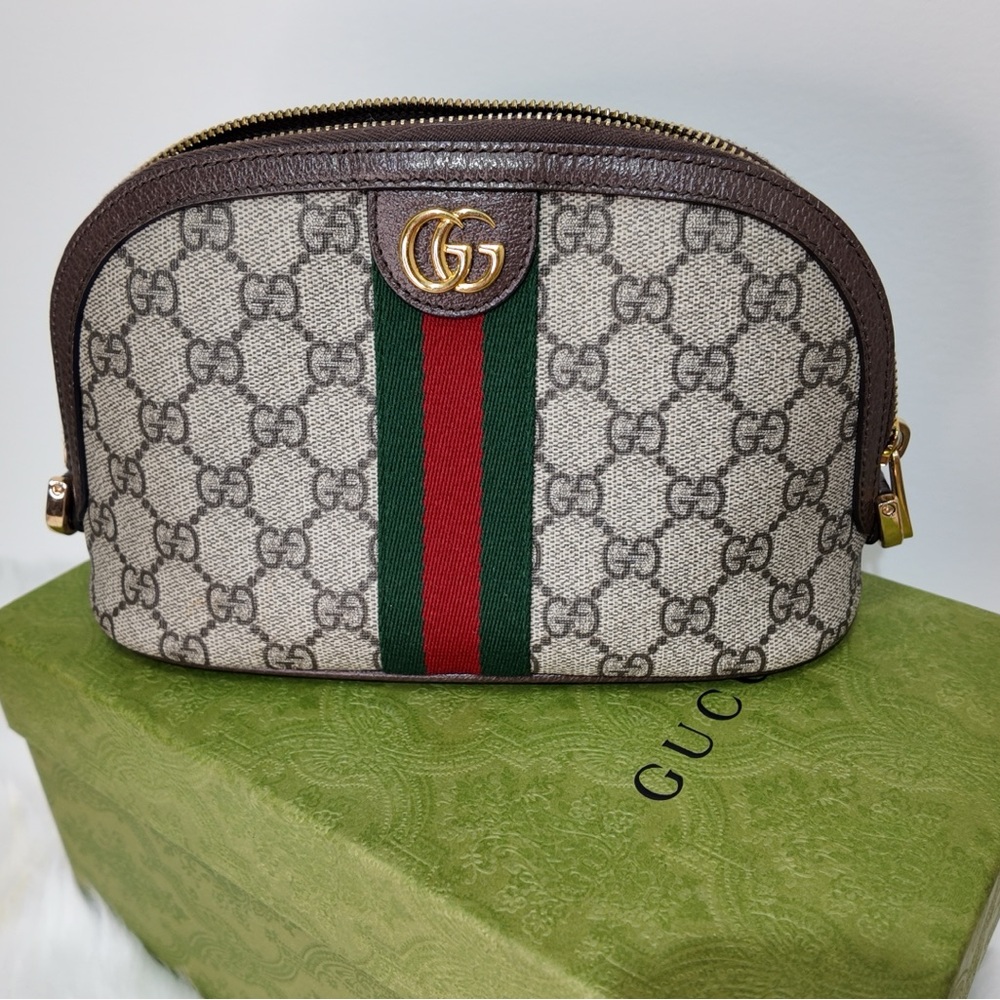 Gucci Beige and Brown Cosmetic Bag with Red and Green Stripe